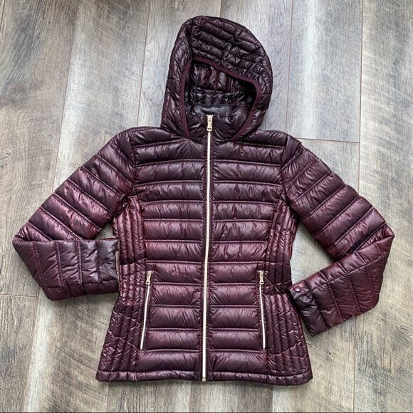 CALVIN KLEIN Hooded Packable Premium Down Puffer Coat Eggplant Wine XS - Picture 8 of 15